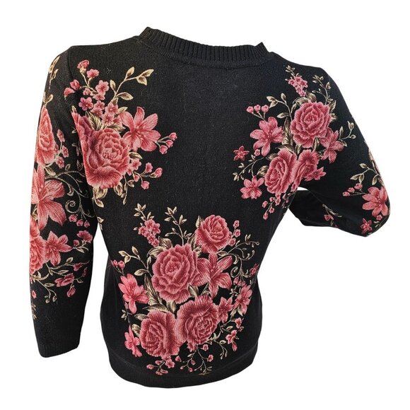 Emily Daniels Black Sweater Pink Roses Size PS Rhinestones Lightweight Acrylic - Picture 1 of 8
